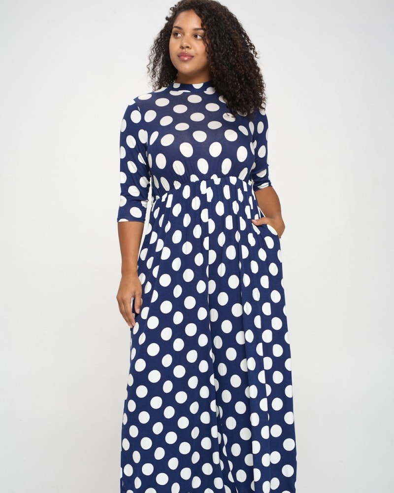 Front of a model wearing a plus size Sloane Polka Dot Jumpsuit in Navy/Ivory by L I V D. | dia_product_style_image_id:240910